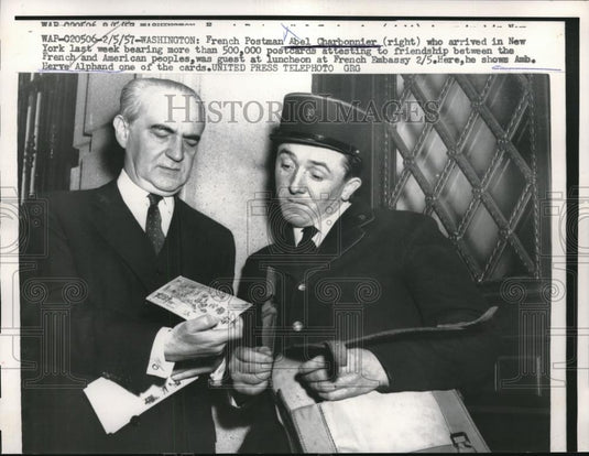 1957 Press Photo wash.D.C. French postman A Charbonnier& Amb Herve Alphand - Historic Images