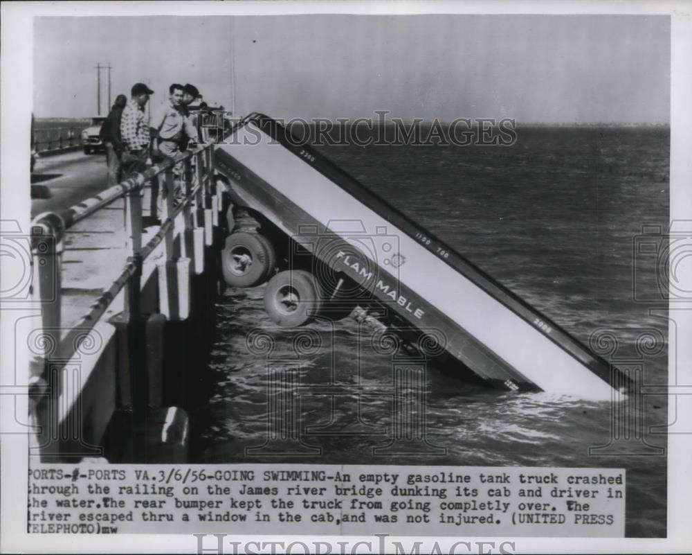 1956 Press Photo Gasoline TAnk Truck crashed through James River Bridge - Historic Images