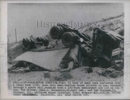 Press Photo Tons of meat scattered when truck skidded on ice at Utah. - Historic Images