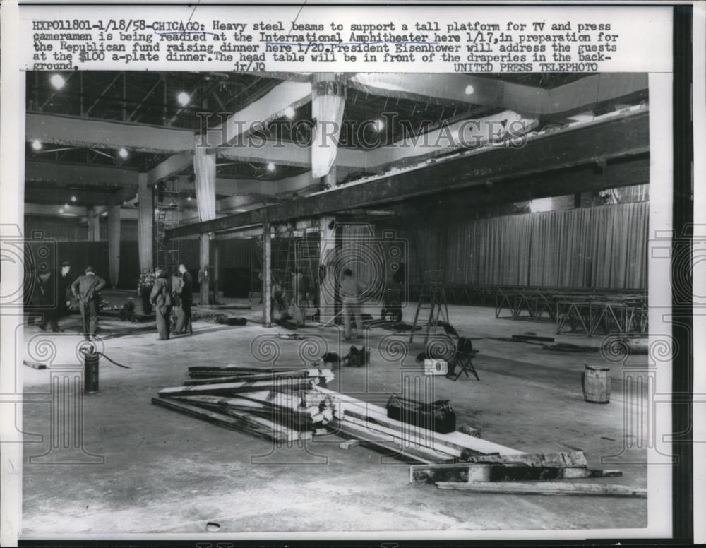 1958 Press Photo Preparation at International Amphitheater for Pres. Eisenhower - Historic Images