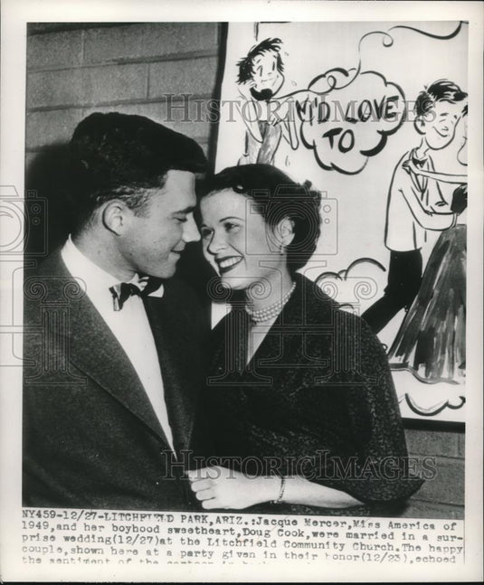 1950 Press Photo Jacque Mercer, Miss America of 1949 & her boyhood sweetheart - Historic Images