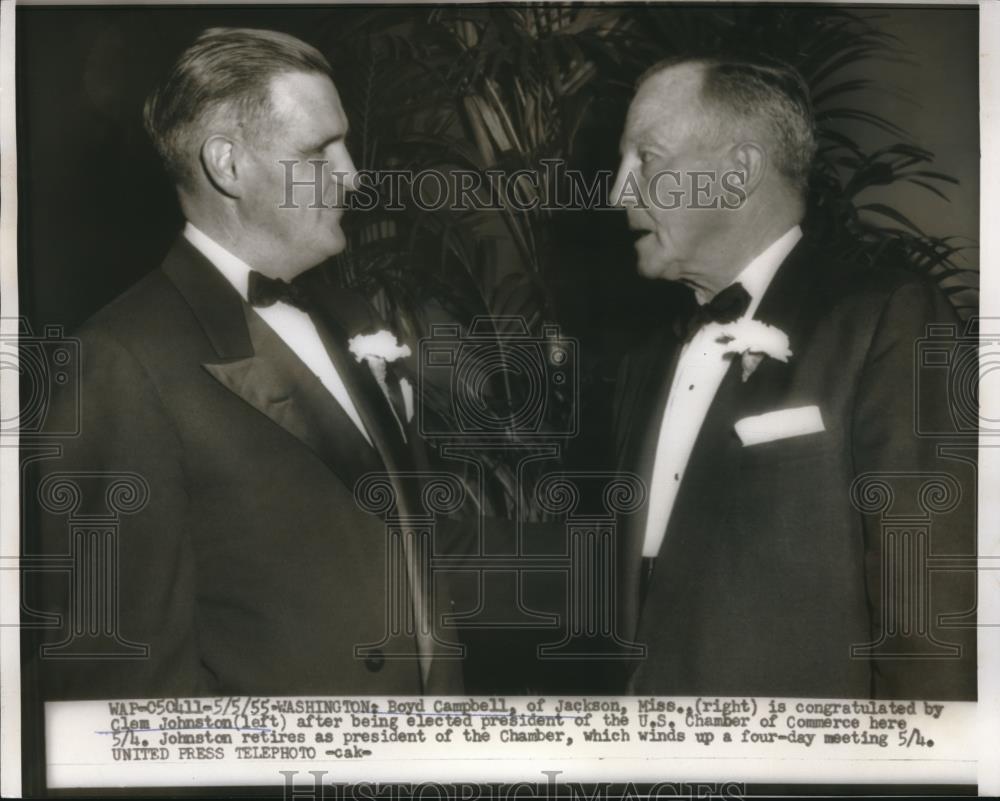 1955 Press Photo Boyd Campbell congratulated by Clem Johnston after being - Historic Images