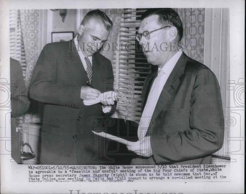 1955 Press Photo Press Secretary James Hagerty John Dulles White House Meeting - Historic Images