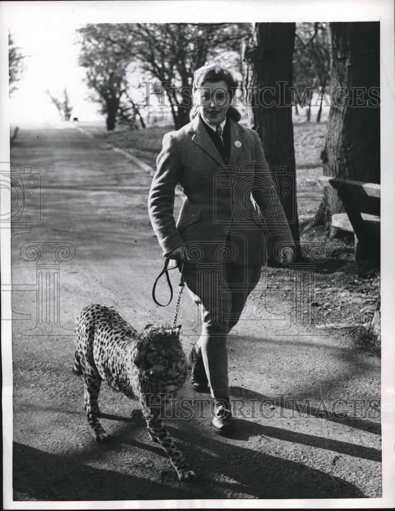 1956 Press Photo Pauline England, strolling Mikey the Cheetah for her routine - Historic Images