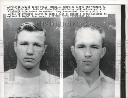 1958 Press Photo Monte D. Moore & Charles Feely Held for Assault & Intent Murder - Historic Images