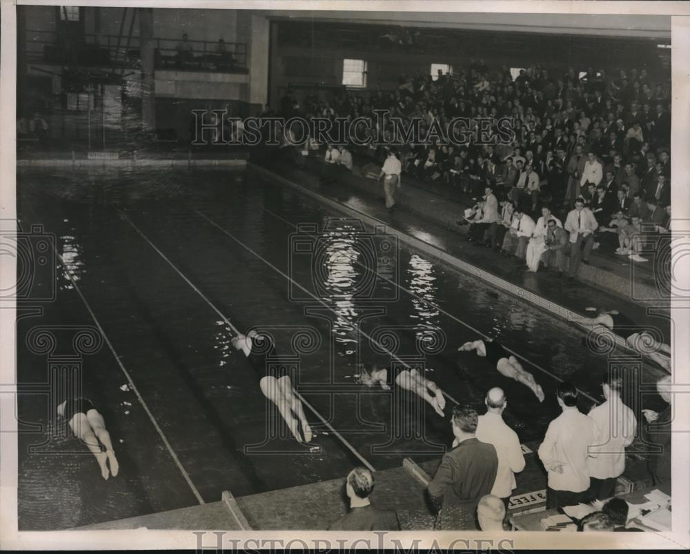 1938 Press Photo 440 Yard Free Style Start at NCAA meet, Lock, Brewerton, Tesla - Historic Images