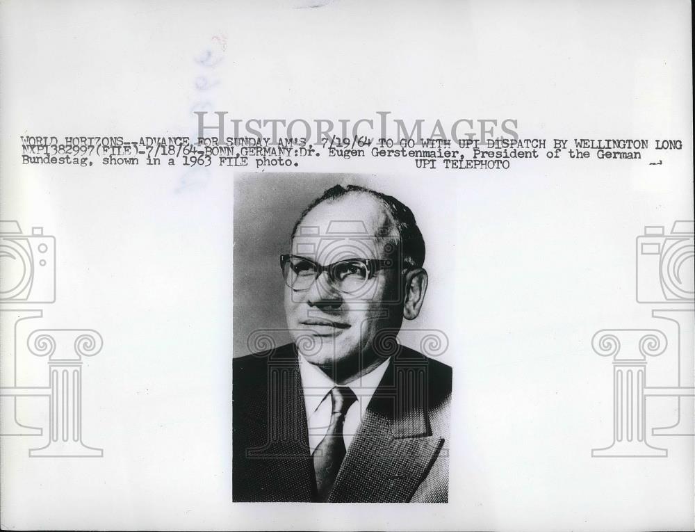 1964 Press Photo Dr Eugen Gerstenamier Pres of German Bundestag - neb23231 - Historic Images