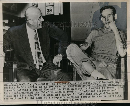 1947 Press Photo Chief of Police Wayne Eliott Erbor Julius Worseck - neb60972 - Historic Images