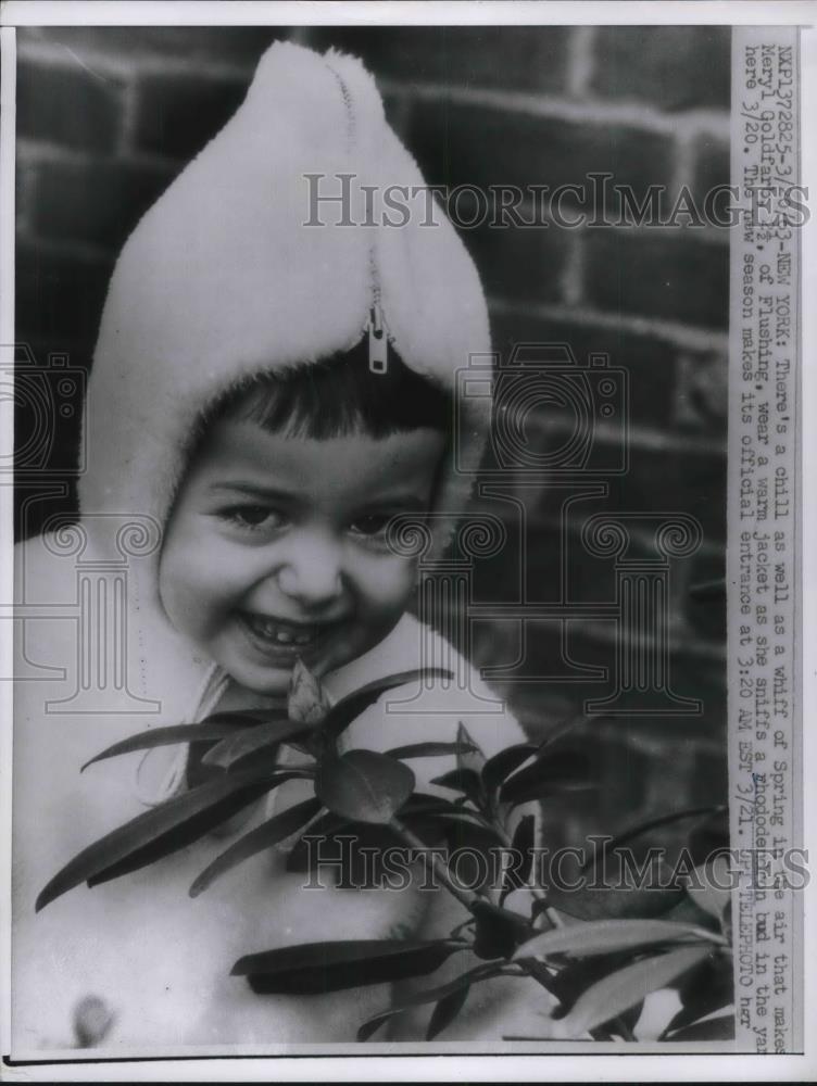 1963 Press Photo Meryl Goldfarby of Flushing sniff a Rhododendron bud. - Historic Images