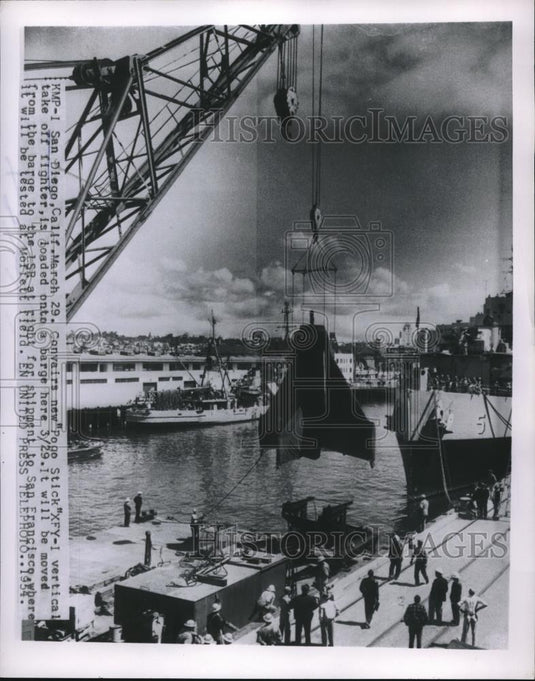 Press Photo Convairs New Pogo Stick XFY Loaded on Barge for Shipment - neb65149 - Historic Images