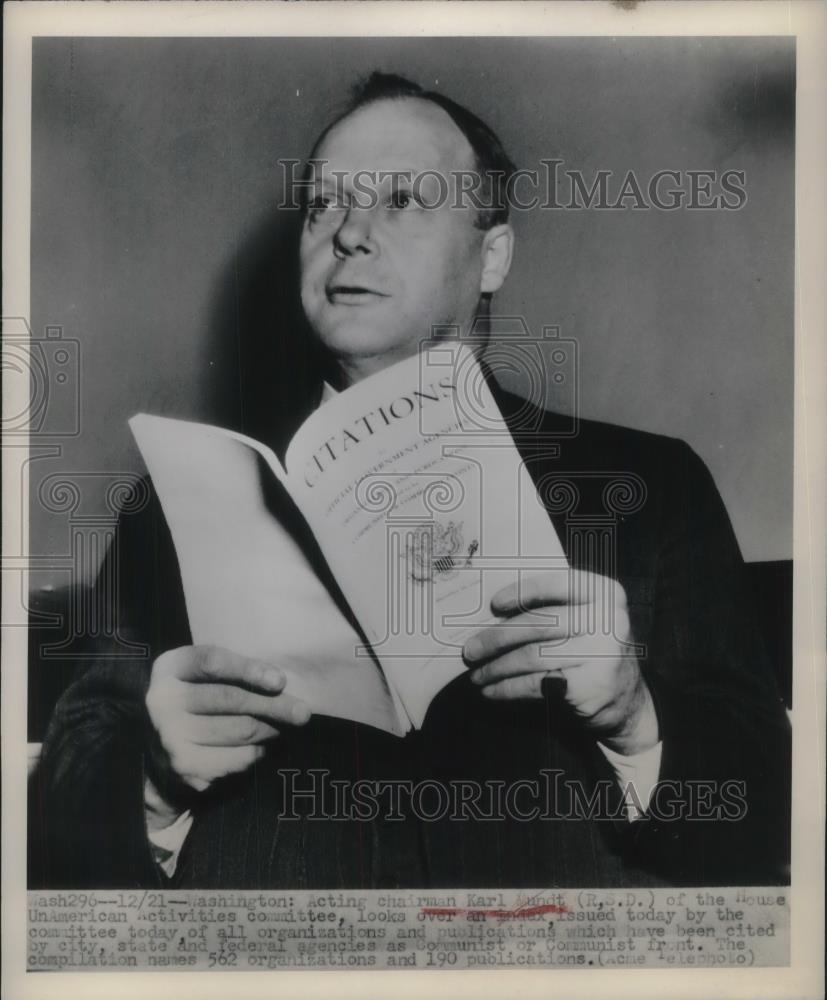 1948 Press Photo Chairman Karl Mundt of House UnAmerican Activities Committee. - Historic Images