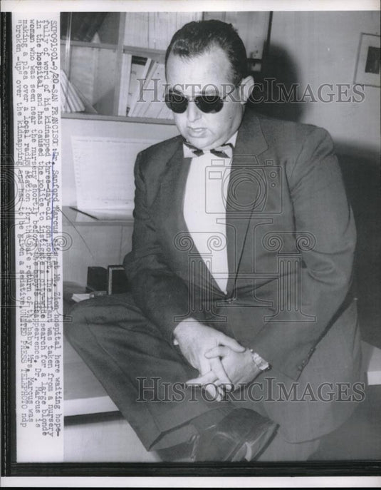 1955 Press Photo Sanford Marcus sits at Mt Zion hospital after receiving news - Historic Images