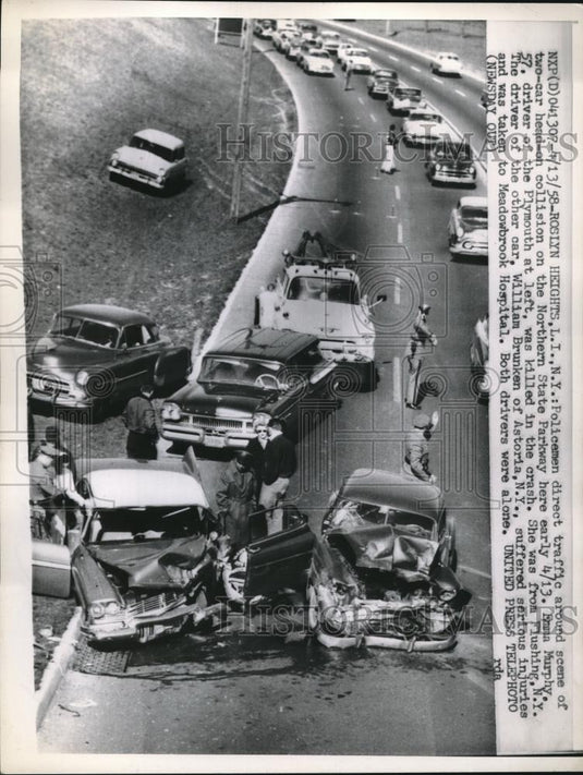 1958 Press Photo Police Men Direct Traffic after crash in Roslyn Heights NY - Historic Images