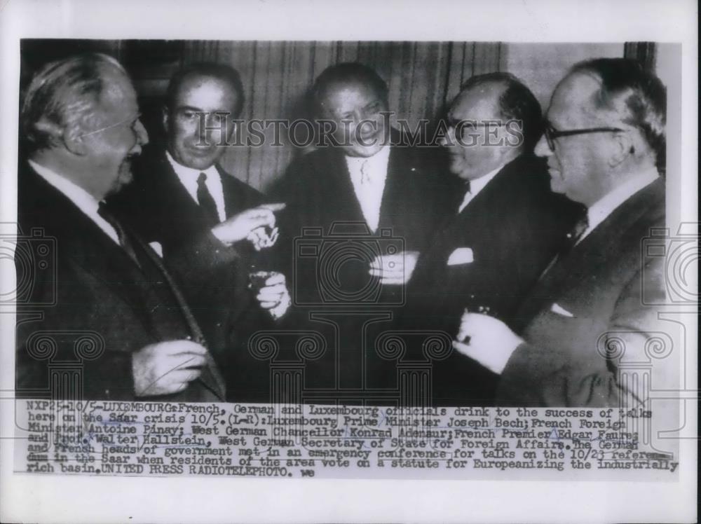 1955 Press Photo Luxembourg, PM J Bech,France&#39;s A Pinay,W German K Adenaur, - Historic Images