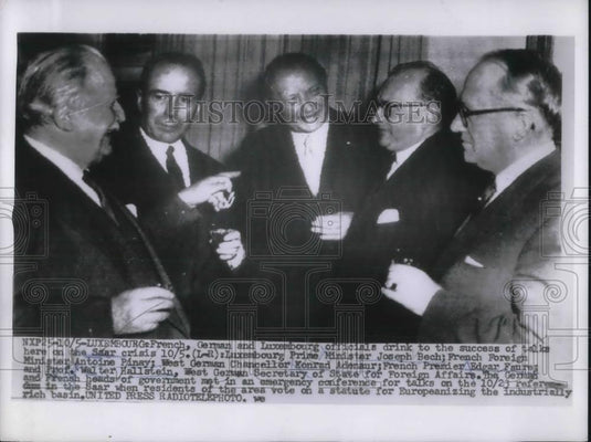 1955 Press Photo Luxembourg, PM J Bech,France's A Pinay,W German K Adenaur, - Historic Images
