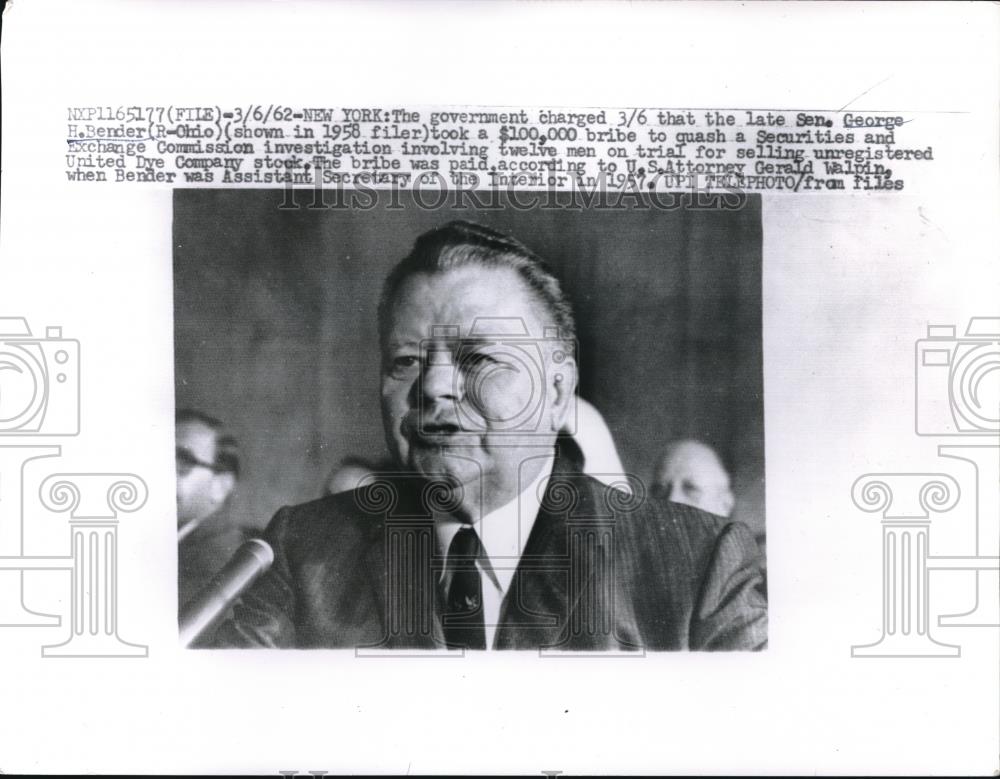 1962 Press Photo Senator George H. Bender, Government Charged Bribery - Historic Images