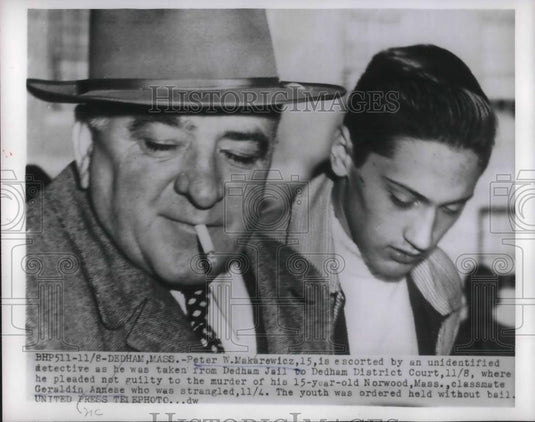 1954 Press Photo Dedham,Mass, Peter Makarewicz in custody for murder - Historic Images