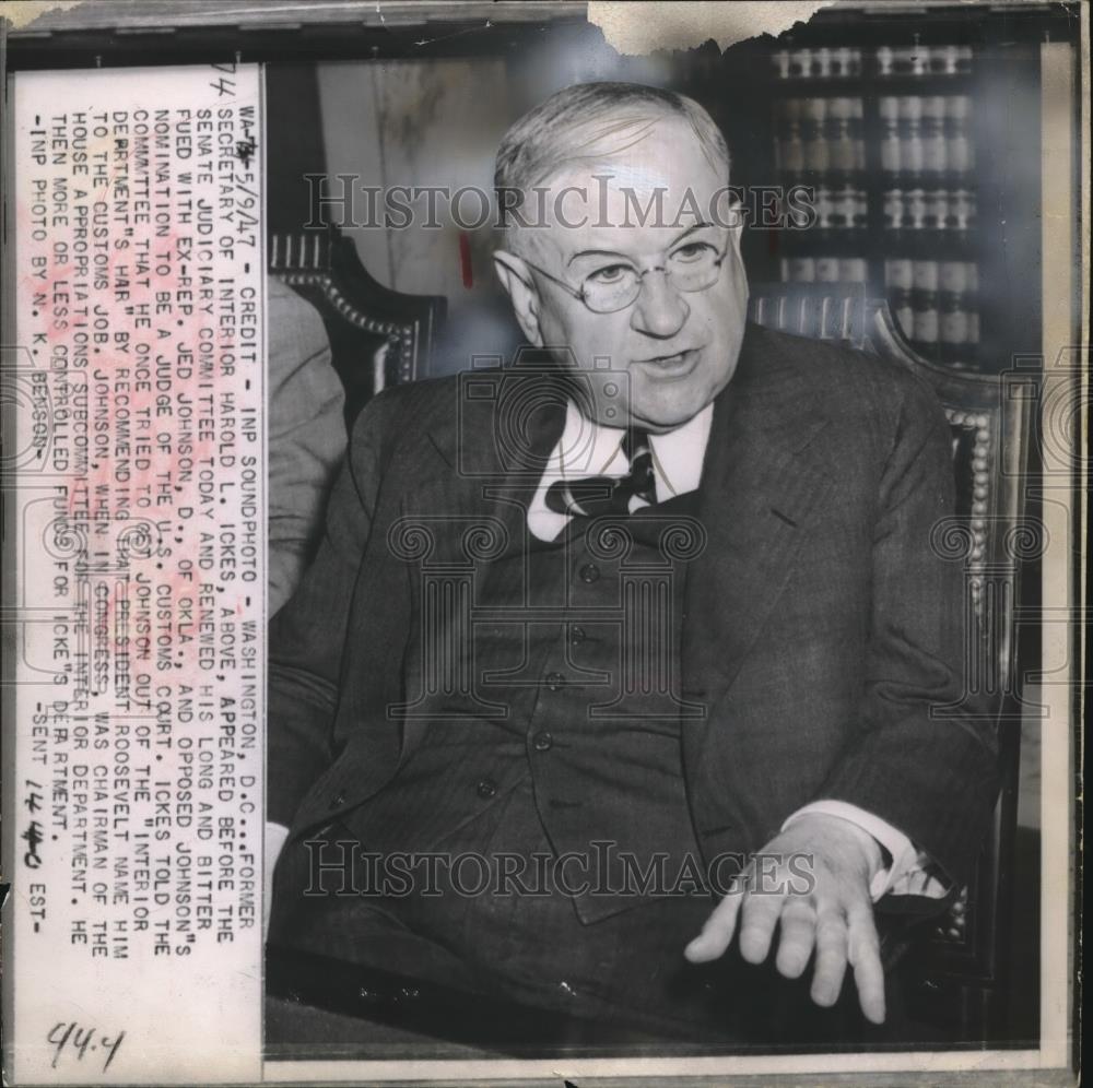 1947 Press Photo Harold L Ickes appearing before Senate Judiciary Committee - Historic Images