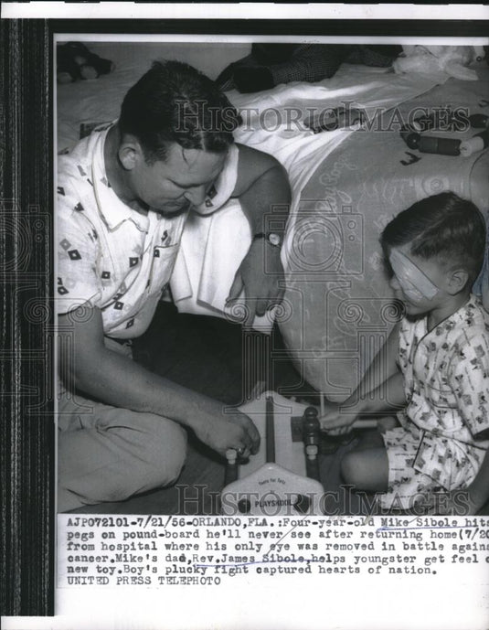 1956 Press Photo Mike Sibole, Age 4 Eye Removed From Cancer, Rev. James Sibole - Historic Images