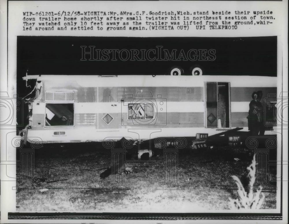 1958 Press Photo Tornado Flips Mobile Home of Mr &amp; Mrs CF Goodrich - Historic Images