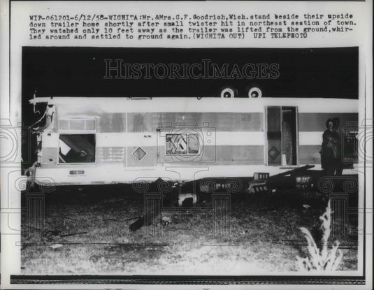 1958 Press Photo Tornado Flips Mobile Home of Mr & Mrs CF Goodrich - Historic Images