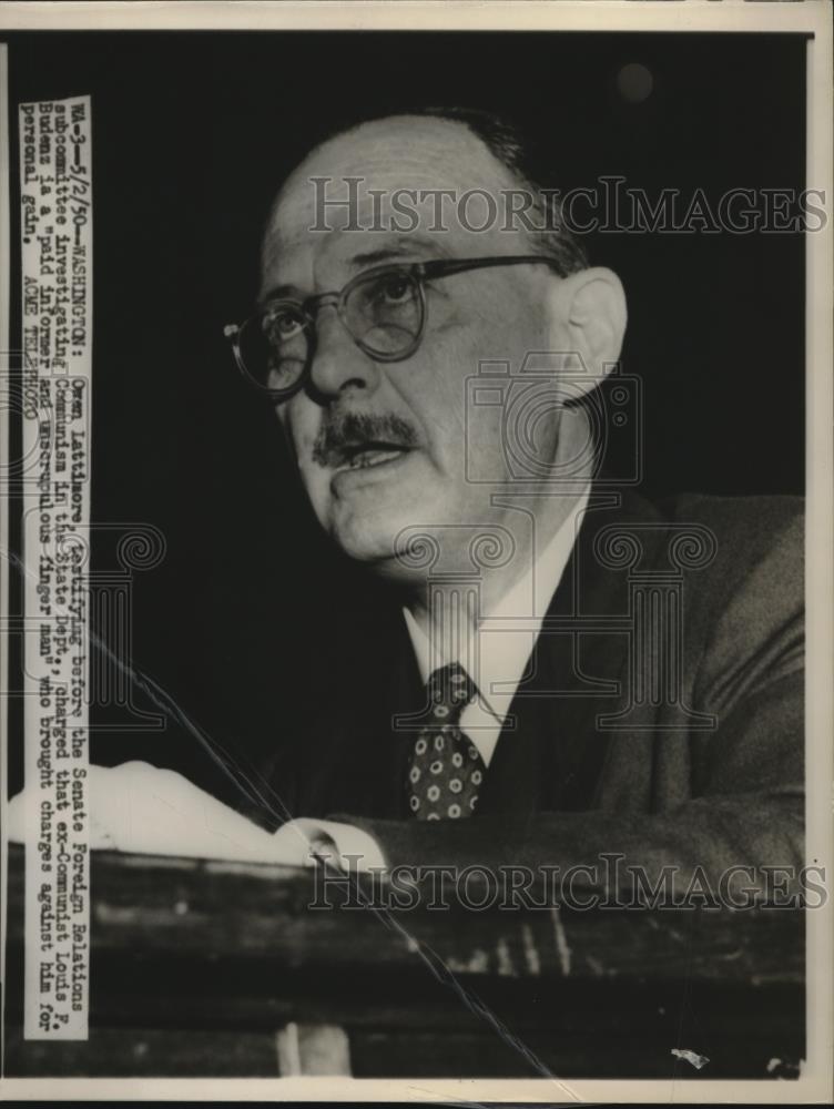 1950 Press Photo Owen Lattimore, testifying before Senate Subcommittee - Historic Images