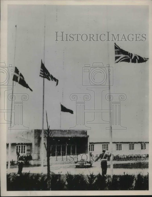 1952 Press Photo Rocquencourt, France flags at half mast at SHARE HQ - Historic Images