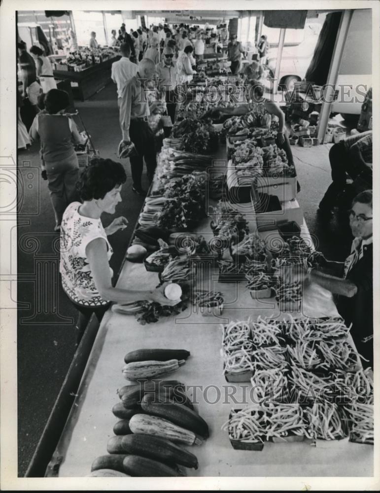 1975 Press Photo Zucchini Squash,Wax Beans &amp; Green Beans On Table With People - Historic Images