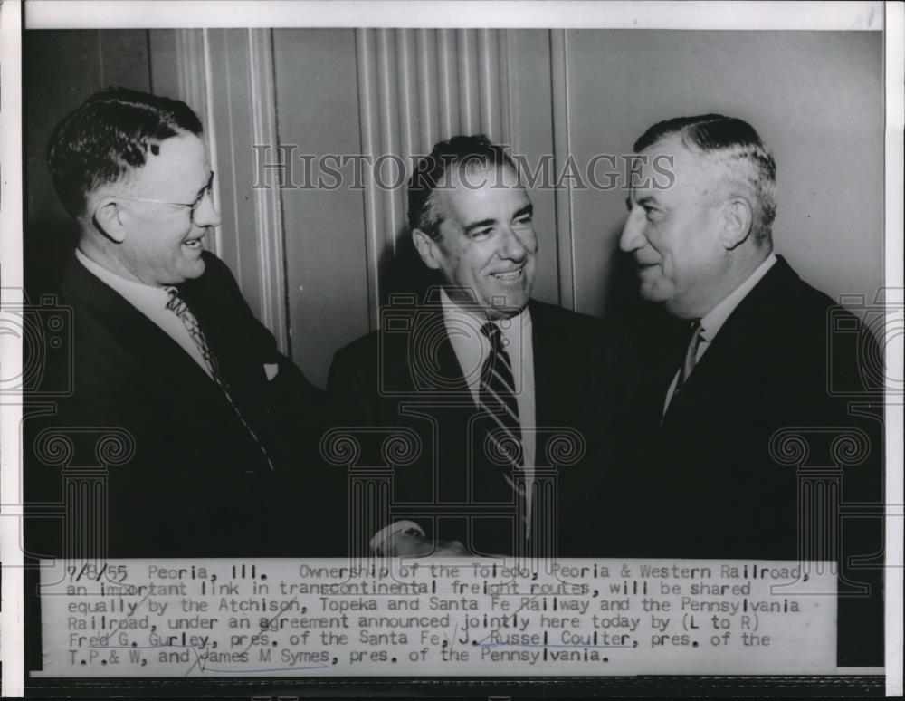 1955 Press Photo Peoria, Ill. Fred Gurley, pres of Santa Fe RR,JR Coulter, TPW - Historic Images