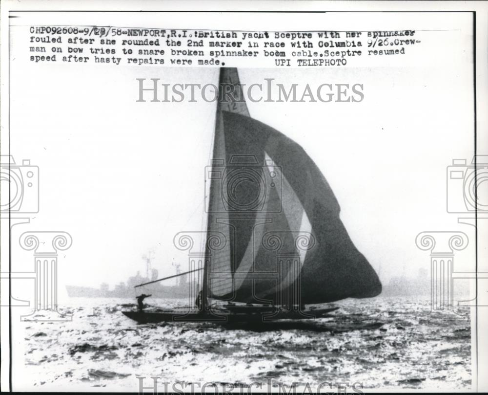 1958 Press Photo British Yacht Sceptre with Spinnaker Down Newport Rhode Island - Historic Images