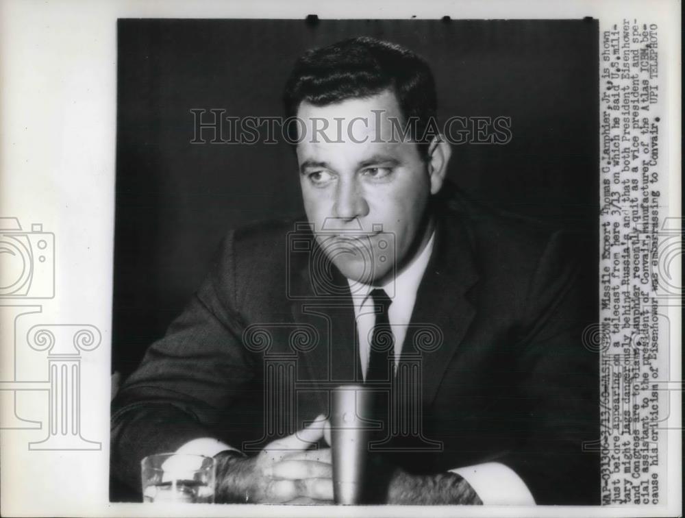 1960 Press Photo Thomas G. Lanphier Jr., Missile Expert - Historic Images