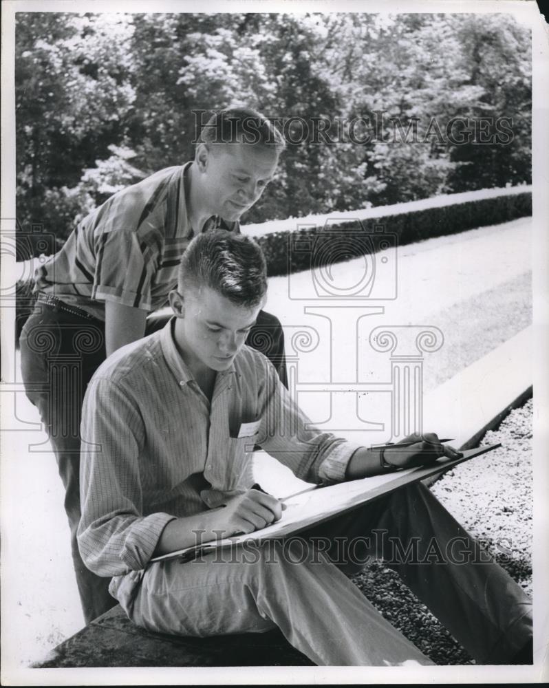 1958 Press Photo Mike Lyons &amp; Instructor Harold Riner On Terrace - Historic Images