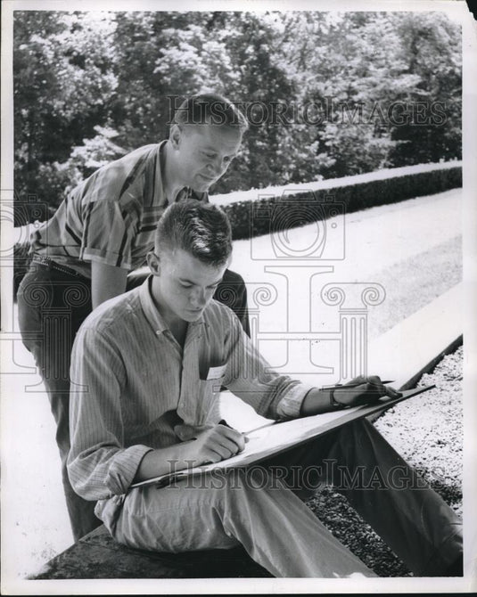 1958 Press Photo Mike Lyons & Instructor Harold Riner On Terrace - Historic Images