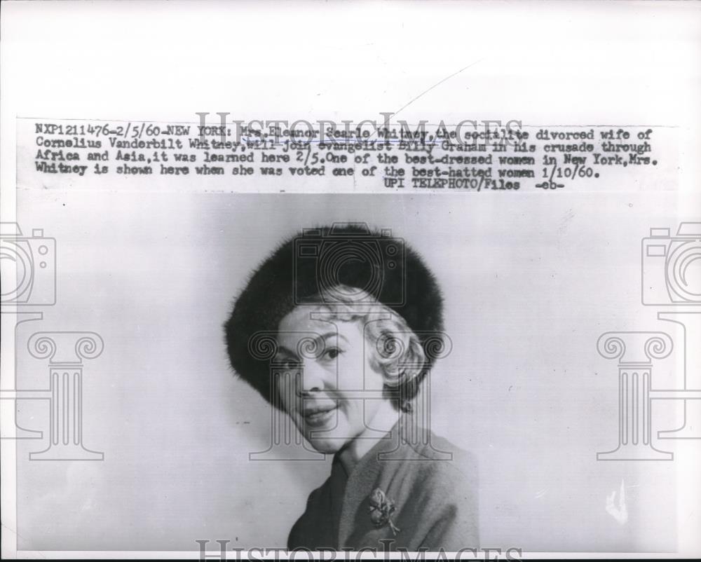 1960 Press Photo NYC, Mrs Eleanor Searle Whitney ex wife of CV Whitney - Historic Images