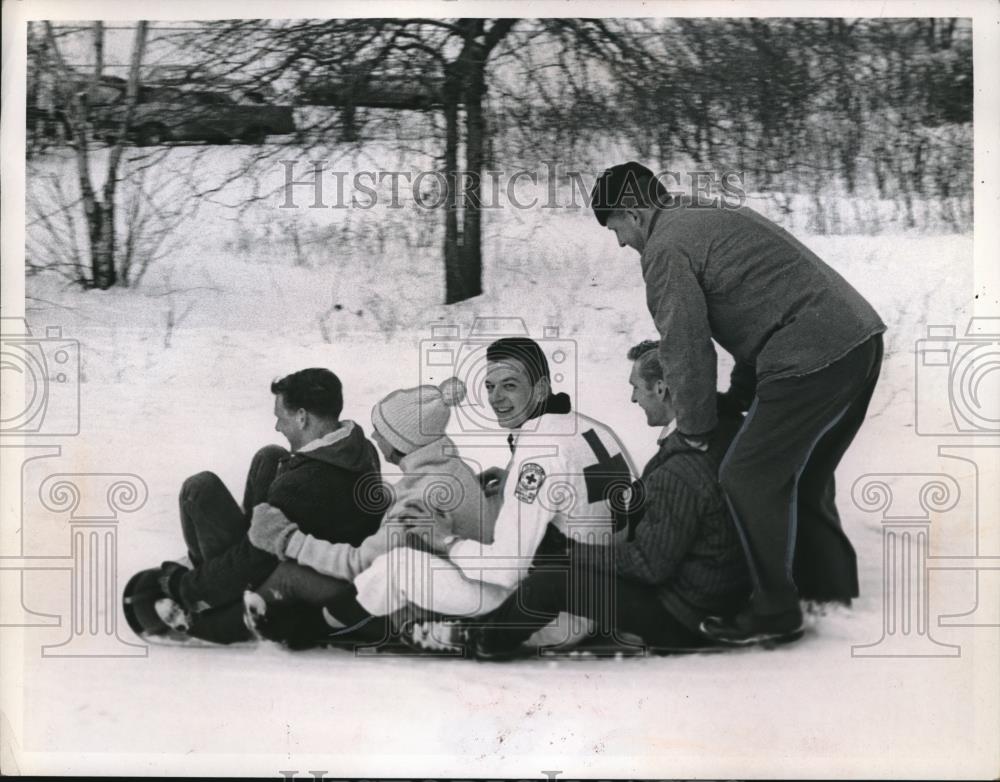 1966 Press Photo T Lousihe.C Coakley,E Erdos,E Seidl, M Horhal sledding - Historic Images