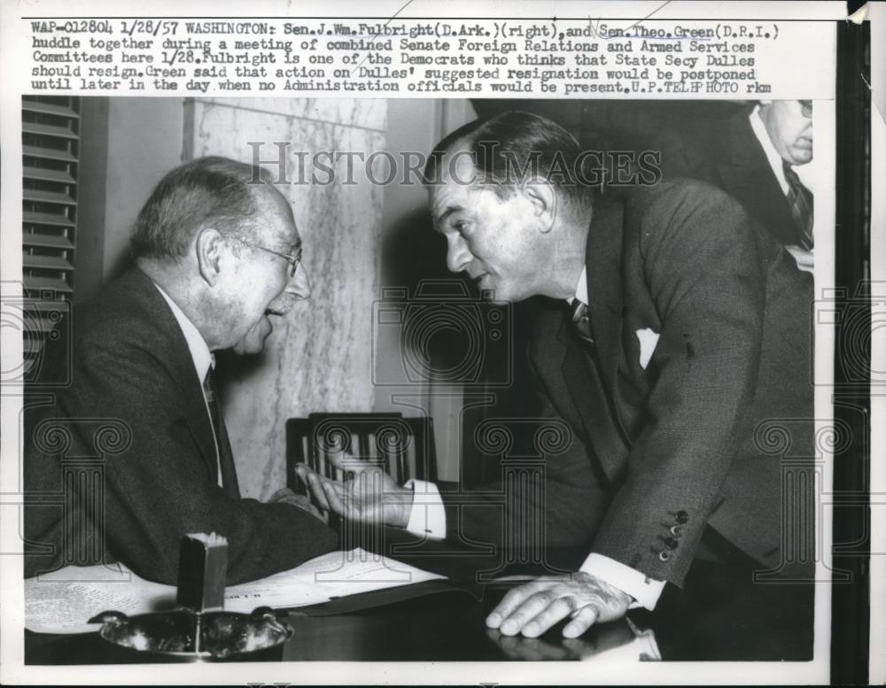 1957 Press Photo Sens J William Fulbright &amp; Theo Green Talk During Meeting - Historic Images