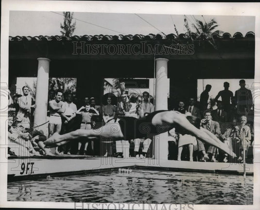 1938 Press Photo Coral Gables, Fla, Ralph Flanaghan sets World record for 500 mt - Historic Images