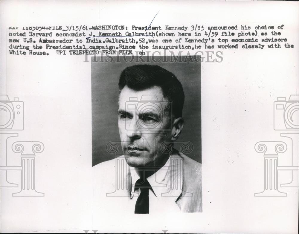 1961 Press Photo Wash.D.C. Harvard economist J Kenneth Galbraith US Amb to India - Historic Images