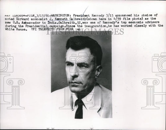 1961 Press Photo Wash.D.C. Harvard economist J Kenneth Galbraith US Amb to India - Historic Images