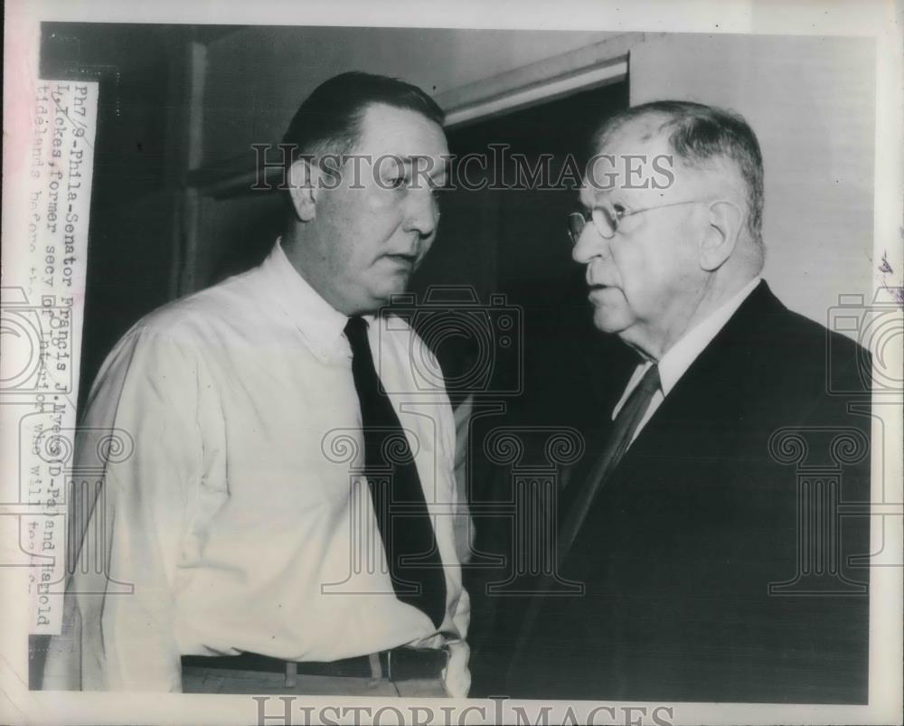 1948 Press Photo Sen J Meyers & Harold Ickes in conference before hearing - Historic Images