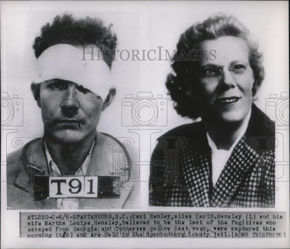 1950 Press Photo Spartanburg, SC ,Carl Henley &amp; wife recaptured by police - Historic Images