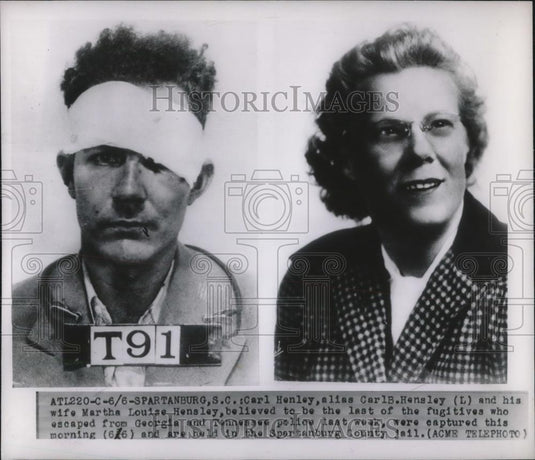 1950 Press Photo Spartanburg, SC ,Carl Henley & wife recaptured by police - Historic Images