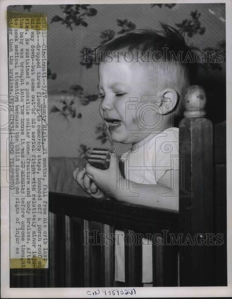 1950 Press Photo Monty Higle Age 21 Months Fell from Crib, 3 Flights Stairs - Historic Images