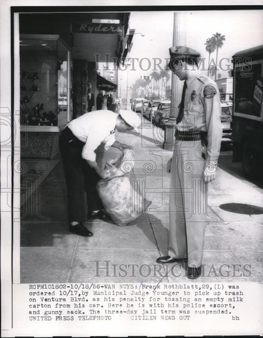 1956 Press Photo Frank Rothblatt ordered to pick up trash for littering - Historic Images