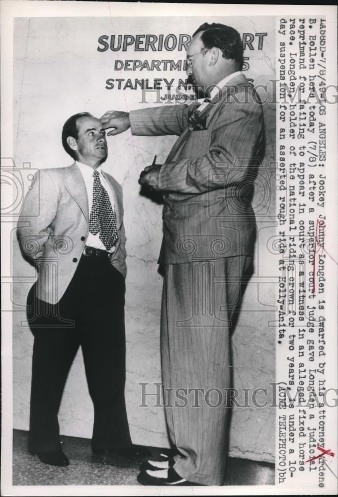 1949 Press Photo Jockey Johnny Longden Suspended, Ardene Bollen, Los Angeles - Historic Images