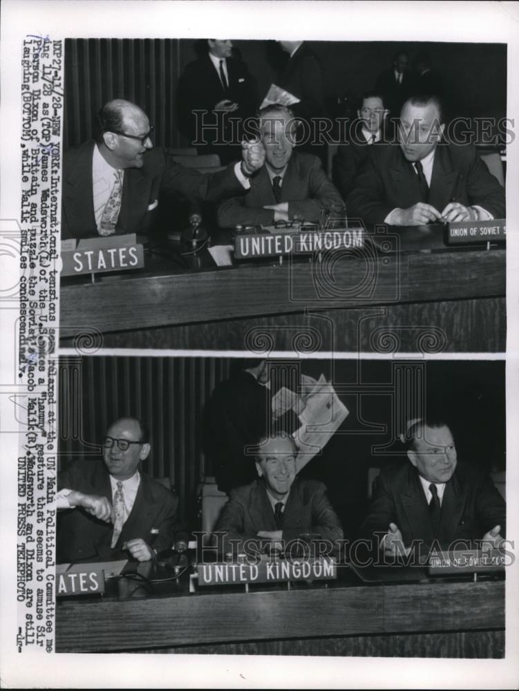 1955 Press Photo UN Political Committee James Wadsworth US makes hammy gesture - Historic Images