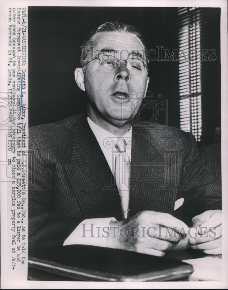 1952 Press Photo J. D. Streett &amp; Co. President Kenneth Baker Speaks to Senate - Historic Images