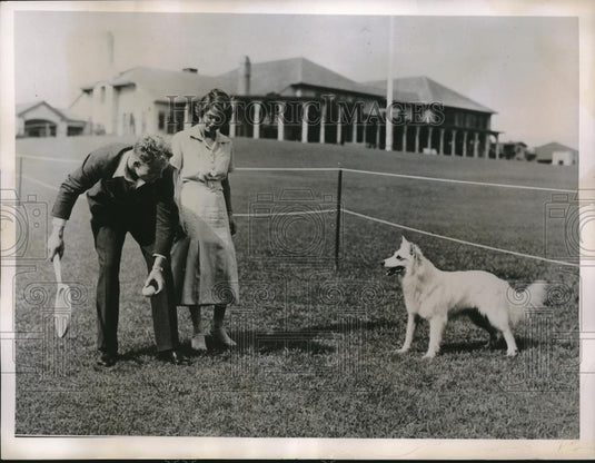 1936 Press Photo Miss Frances Johnson gene Mako Watch Pet dog and tennis ball - Historic Images