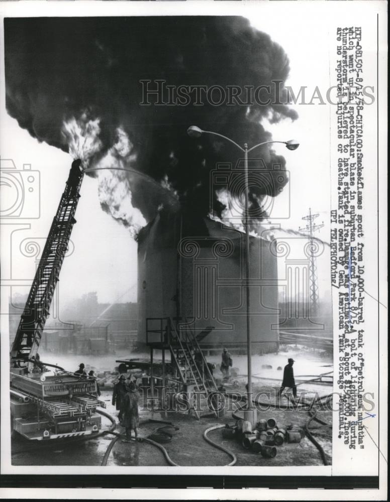 1958 Press Photo Flames From Barrel Tank of Petroleum Naphtha in Bedford Park - Historic Images