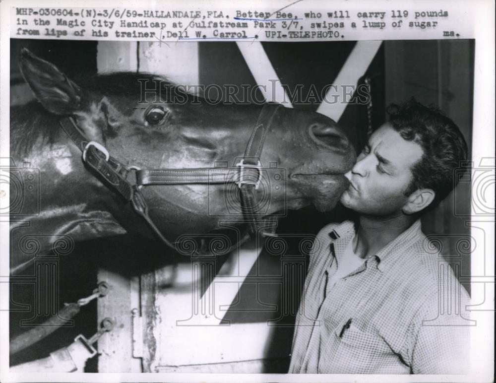 1959 Press Photo Better Bee &amp; trainer Dell Carrol prep for Magic City Handicap - Historic Images